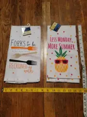 2 PC Flour Sack Towel Set "FORKS TO BE RECKONED WITH" & "Less Monday More Summer
