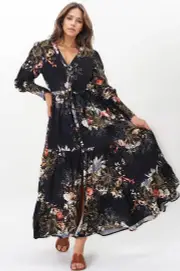 JAASE - Stephanie Maxi Dress: V-Neck Buttoned Down Dress with Pull Tie Waist in Indigo Print