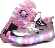 [RDJSHOP] Kids LED Flashing Wheel Roller Skate Shoes USB Charging Retractable Technical Skateboarding Shoe Outdoor Running Gymnastics Sneakers,Pink-27