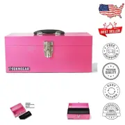 16" Heavy-Duty Pink Metal Tool Box with Removable Tray - Secure Storage Solution