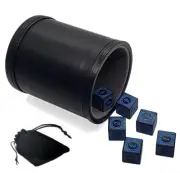 (6) 16mm Numbers Blue Black Dice w/Pouch + PU Leather Grey Felt Lined Dice Cup