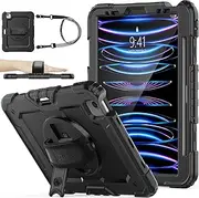 SEYMAC stock Shockproof Case for iPad Pro 4th/ 3rd/ 2nd/1st Generation 11 Inch 2022/2021/2020/2018 with Screen Protector Pencil Holder [360° Rotating Hand Strap] &Stand, Black