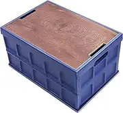 Folding Camping Storage Bins with Wood Lid 60L Collapsible Closet Organizers and Storage Container,Multifunction Plastic Storage Box for,College Dorm Room Essentials,Office,Outdoor,Indoor Blue