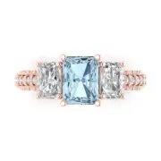 4.26 Emerald Cut 3 stone Blue Promise Wedding Ring 14k Rose Solid Solid Gold