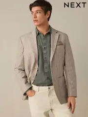 Neutral Cotton Linen Blend Stripe Blazer (AA3812) | $180