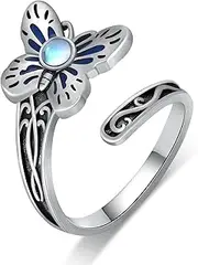 Fuguangju Butterfly Spoon Ring 925 Sterling Silver Moonstone Butterfly Thumb Ring Butterfly Vintage Spoon Ring Butterfly Jewelry Gifts for Women Girls, Sterling Silver, Moonstone