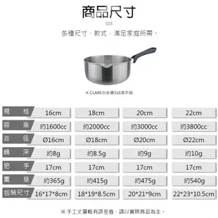 CLARE可蕾爾白金鋼316雪平鍋20cm無蓋