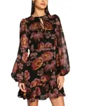 TED BAKER Piara Floral Balloon Puff Long Sleeve Ruffle Hem Dress Size 0 NWT