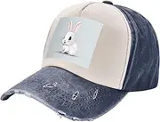 [YANYU] Cute White Rabbit Print Fashion Washed Distressed Baseball Cap Vintage Adjustable Hat with Classic Brim, Navy Blue, One Size