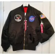 ALPHA INDUSTRIES MA-1 NASA APOLLO FLIGHT JACKET BLACK NYLON Reversible MA1 S sz