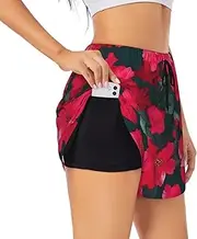 [GaxfjRu] Red Pink Flower Print Women's Running Shorts High Waisted Running Shorts Pocket Sporty Gym Elastic Short