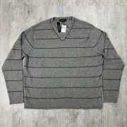 NWT MENS SAKS FIFTH AVENUE SMOKE GRAY BLACK STRIPED V-NECK 100% CASHMERE SWEATER