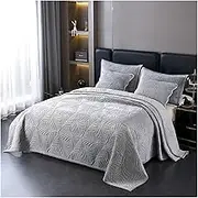 Quilt Queen King Bedding Sets A Velvet/B Cotton Lightweight Soft Bedspread Coverlet Leaf Pattern Quilted Comforter Bed Cover All Season 3 Pieces(Graey,270x234cm+51x71cm x2)