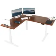 VIVO Electric Stand Up Corner Desk, Dark Walnut Table Tops, White Frame