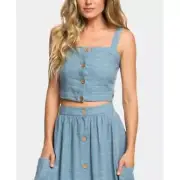 Roxy Women's Blue Cropped Top, Button Front, Medium, Soft Textured