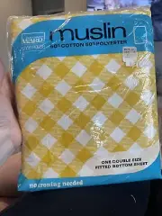 VTG One Double Size Fitted Bottom Sheet Retro 70s Yellow Checker Pattern