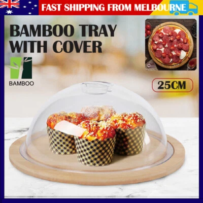 Bamboo Mini Round Cheese Cake Dessert Fruit Tray Acrylic Cover Serving Platter
