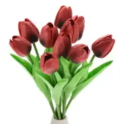 10pcs Tulips Artificial Flowers, Fake Tulip Stems Real Touch (Wine Red)