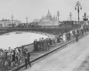 Crowds near Margaret Bridge Budapest Hungary 1930s 1930 Old Photo