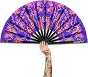 UV Glow Rave Fan, Bamboo Folding Clack Hand Fan for Men Women (Wellen, Large 13")
