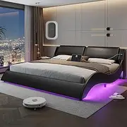 DICTAC King Led Bed Frame with Charging Ports and Headboard King Size Modern Low Profile Platform Bed Frame with LED Lights Wave Like Curve King Led Bed Frame,Wood Slats Support,Easy Assembly,Black