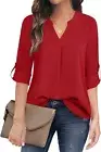 TIMESON Women's XL Roll Tab Long Sleeve Color Red V-Neck Chiffon Top Blouse NWD