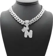 Silver PT Bubble Alphabet N Pendant 16" ~ 24" Iced Cuban Box Lock Chain Necklace