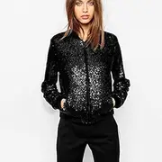 [Generic] Women Sequin Coat Bomber Jacket Long Sleeve Zipper Street Casual Loose Glitter Outer Black Plus Size
