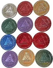 Bulk Set of 12 Aluminum AA Medallions Month 1 2 3 4 5 6 7 8 9 10 11 and 24 Hours Serenity Prayer Back