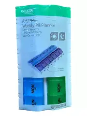 Weekly Pill Planner AM/PM - 14 Large Compartments w/ Easy Open Lids (Blue/Green)