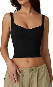[QINSEN] Womens Sleeveless Cropped Rib Knit Seamless Sweetheart Neckline Going Out Tank Tops