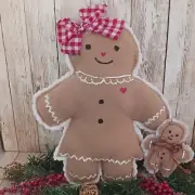 Gingerbread Girl & Mini Small Christmas Accent Pillow Plushie Tan Fleece Fabric