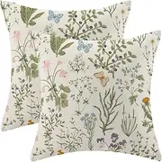 [AEIOAE] Spring Pillow Covers 18x18 Inch Set of 2,Sage Green Wild Flower Plant Throw Pillows Case,Seasonal Floral Outdoor Decorative Square Linen Farmhouse Decor Cushion Covers for Home Sofa Bed Couch