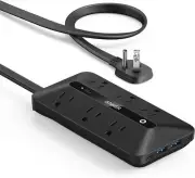 Anker Flat Plug Power Strip 300J, USB C Strip, 10-in-1 Ultra 5FT, Black