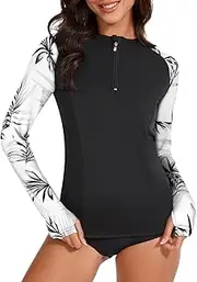 [Viracy] Women Rash Guard Long Sleeve Swim Shirts UPF 50 Sun Protection Zip Up Swimsuit Top Bathing Suit No Bottom, Ink Wash Leaf, Medium