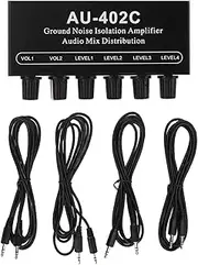 Headphone Amplifier 4 in 2 Out Channel Metal Stereo Audio Amplifier, 3.5mm Mixer Stereo Audio Amp with 4pcs Audio Cables, Portable Ground Noise Isolation Amplifier for Sound Mixer