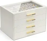 Vlando 4 Layer Jewelry Box for Women, Glass Lid Jewelry Organizer with 4 Drawers for Necklaces Rings Earrings Bracelets - Cloud White