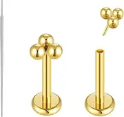 [THE JEWEL PICK] Flat Back Earrings for Women, Helix Tragus Conch Piercing Jewelry, Implant Grade Titanium Earrings, Threadless Nose Studs 18g, Hypoallergenic Cartilage Earring Stud Gold