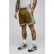 Mens Khaki Elasticated Waist Relaxed Crinkle Nylon Colour Block Shorts