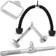 Cable Exercise Machine Combo 4 PC Attachment Set - Tricep Rope, Single D-Handle,