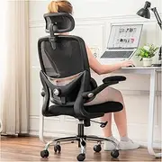 TONFARY Ergonomic Home Office Chair, High Back Mesh Desk Chair with Adjustable Lumbar Support, Flip-up Armrest, Removable Headrest, Swivel Computer Gaming Chair, Space Saving, 150KG (Black)