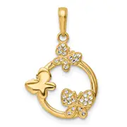 14k Yellow & Rhodium Gold and White Rhodium Diamond-cut Butterflies on Circle Pendant
