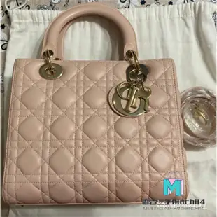 【二手】正品 Dior 粉色Lady Dior 中款5格小羊皮黛妃包