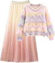 [Generic] Women's Two Piece Skirt Outfit Long Sleeve Sweater Pullover High Waist A-Line Skirt Sets