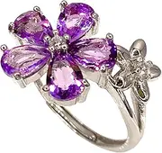 [Razzberry] Natural Amethyst Gemstone Adustable Ring, 5 Pear Cut 1.6 Ctw, Solid Sterling Silver, included Velvet Ring Box