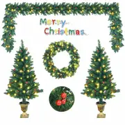 Costway Christmas 4PCS Door Wreath & Garland & Pack of 2 Entrance Trees W/ 200 LED Lights & Red Berries Green