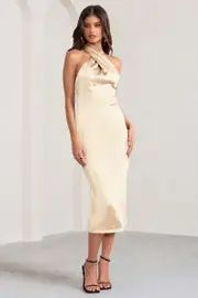 Dazzling | Champagne Satin Cross Over Halter Neck Midi Dress