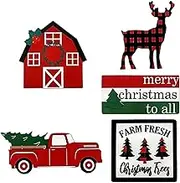 Wooden Christmas Decor,5X Rustic Wooden Signs - Parties Decorating Supplies, Farmhouse Truck Tree Reindeer Winter Home Decor for Table Fireplace Shelf