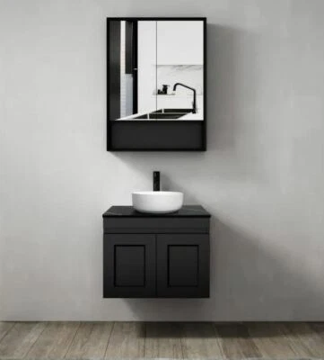 HAMPTON MATTE BLACK 600MM WALL HUNG BATHROOM VANITY CABINET STONE/CERAMIC TOP