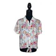 Hippie Rose NWT L Junior Fruit Floral White Button Up Tie Blouse M032